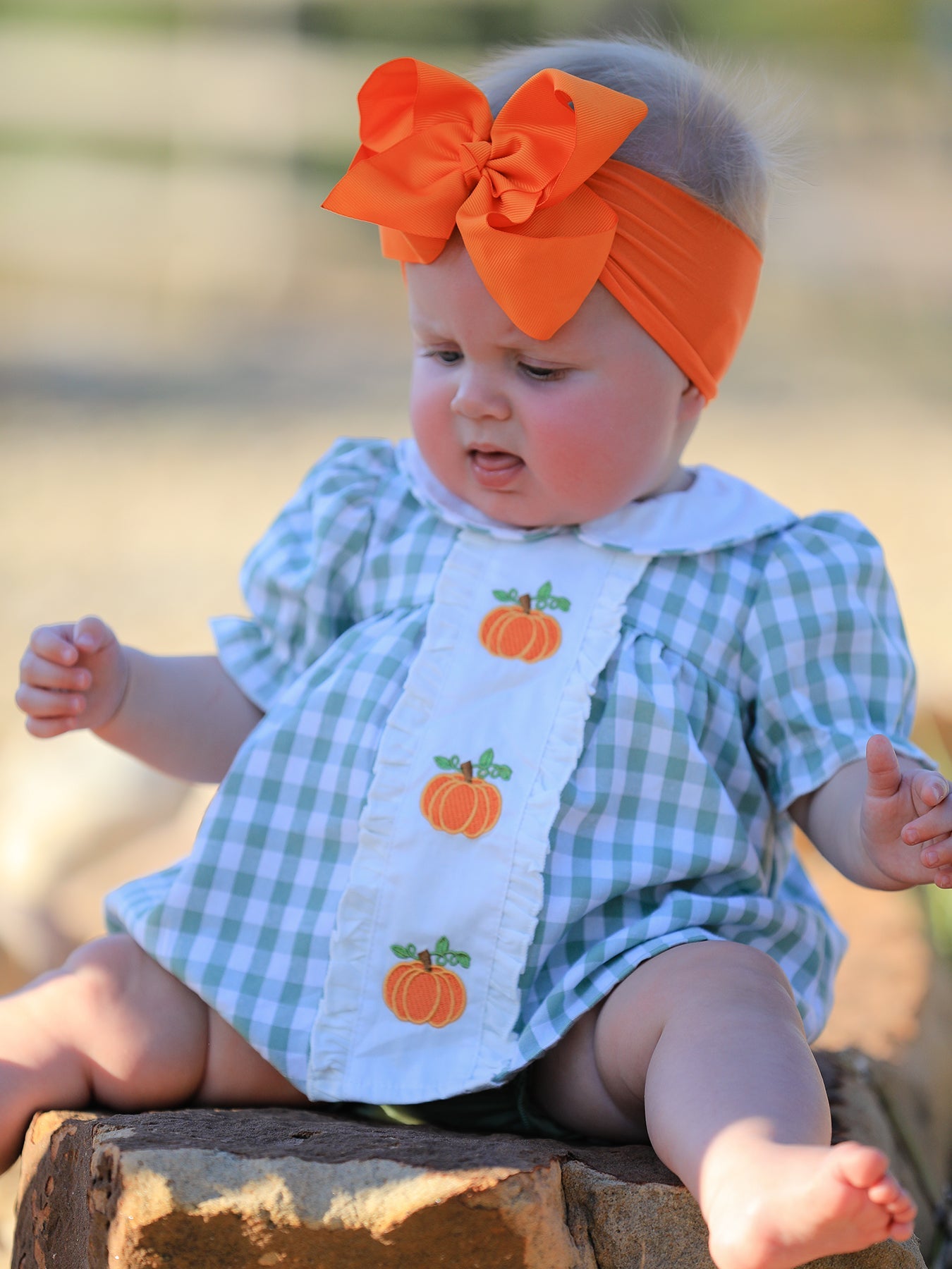 Fall Halloween & Thanksgiving Applique Plaid Girls Bloomers Romper Set