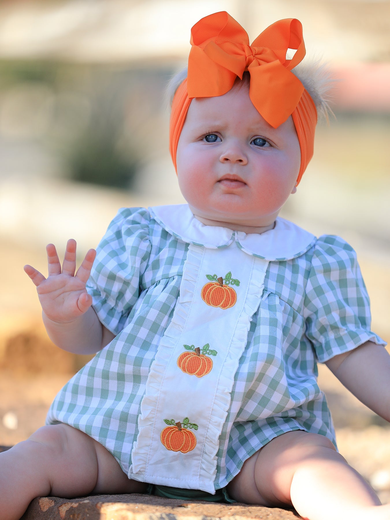 Fall Halloween & Thanksgiving Applique Plaid Girls Bloomers Romper Set