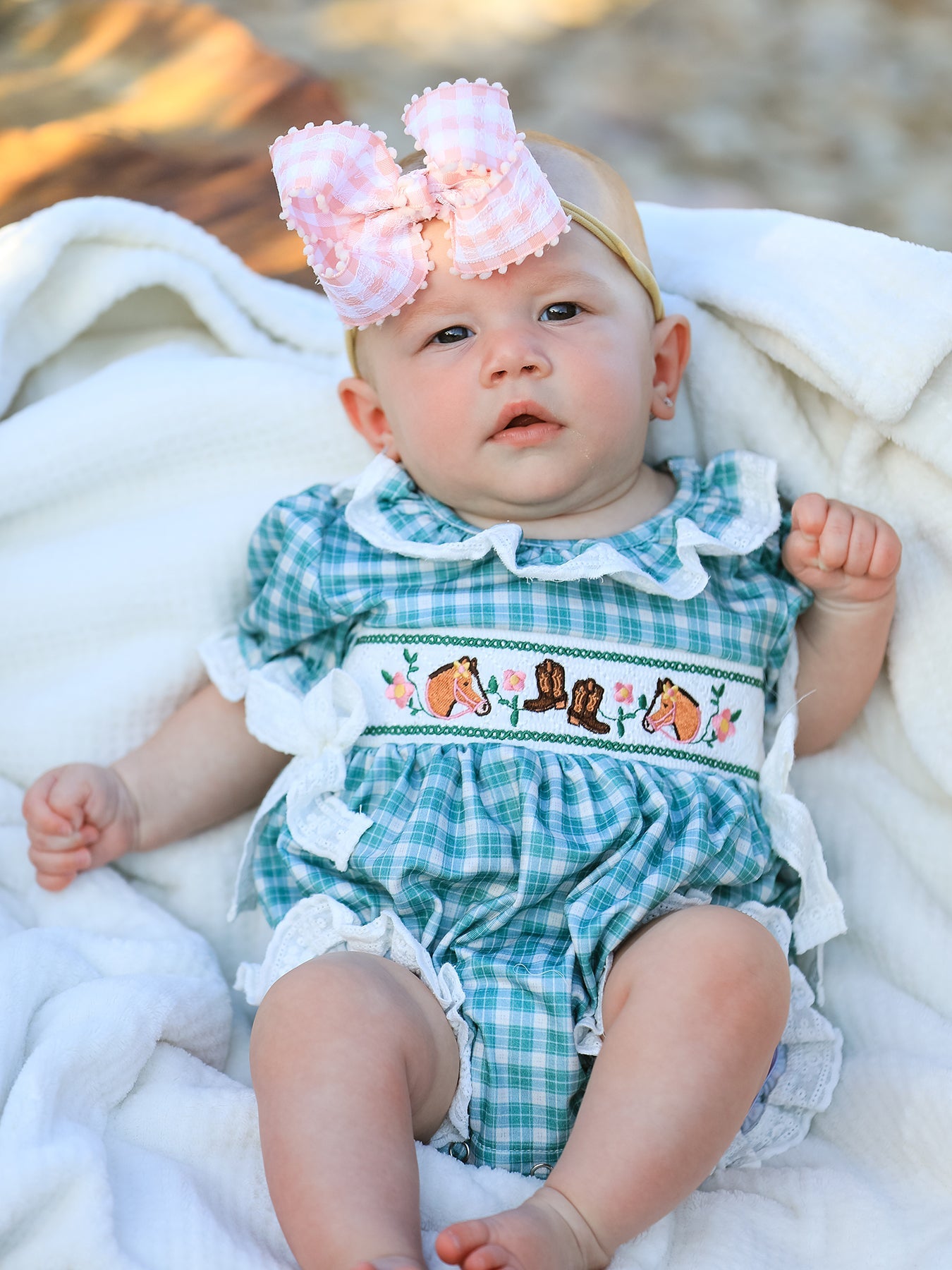 Western Plaid Horse Embroidered Girl Bubble Romper