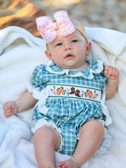 Western Plaid Horse Embroidered Girl Bubble Romper