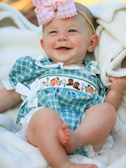 Western Plaid Horse Embroidered Girl Bubble Romper