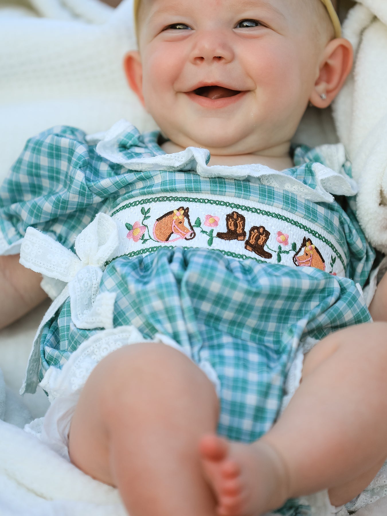 Western Plaid Horse Embroidered Girl Bubble Romper