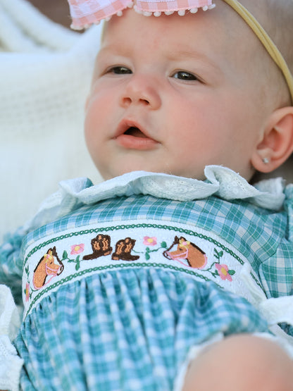 Western Plaid Horse Embroidered Girl Bubble Romper