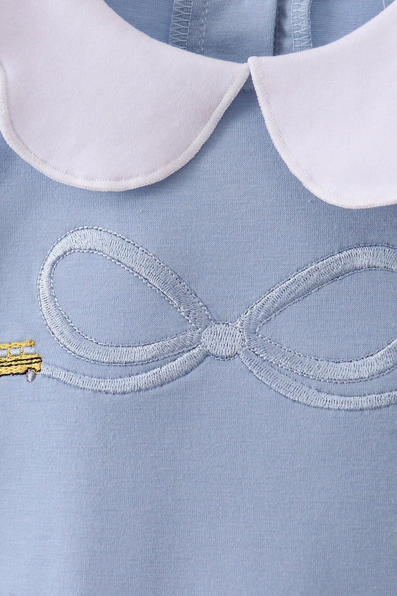 Blue bus bow embroidery ruffle skorts set