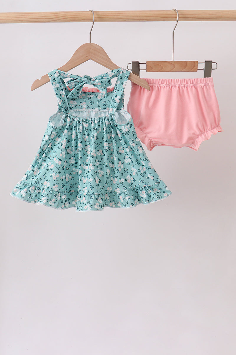 Green Floral Smocked Ruffle Bloomer Set