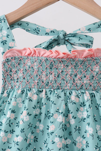 Green Floral Smocked Ruffle Shorts Set