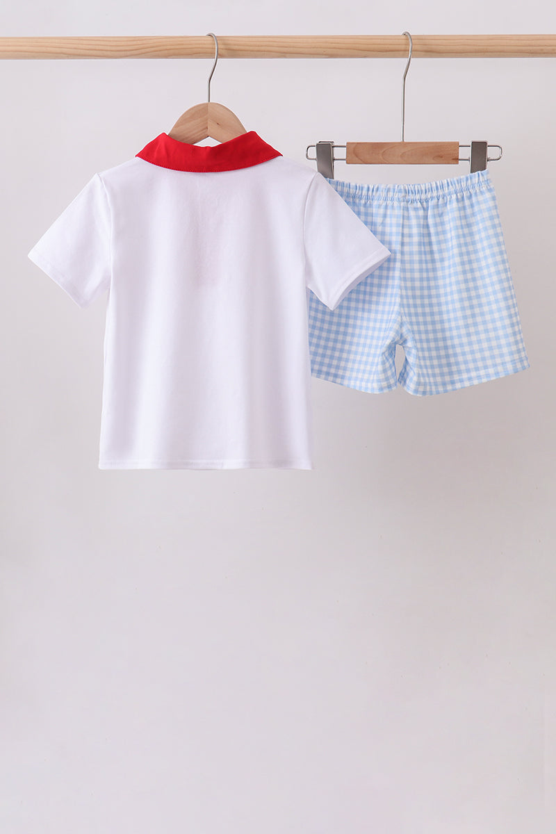 Blue Puppy Embroidered Boys Shorts Set