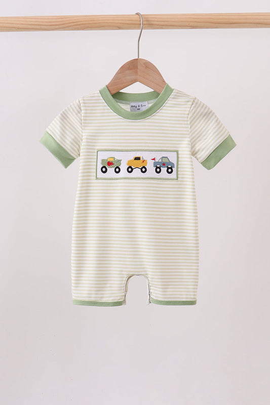 Monster truck embroidery stripe romper