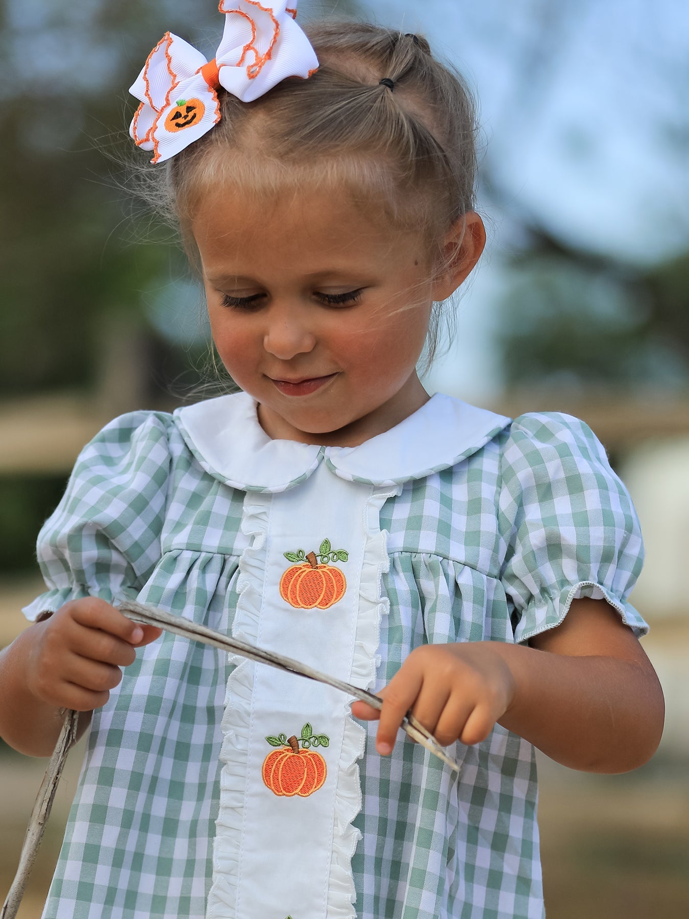 Fall Halloween & Thanksgiving Pumpkin Applique Plaid Green Girls Dress