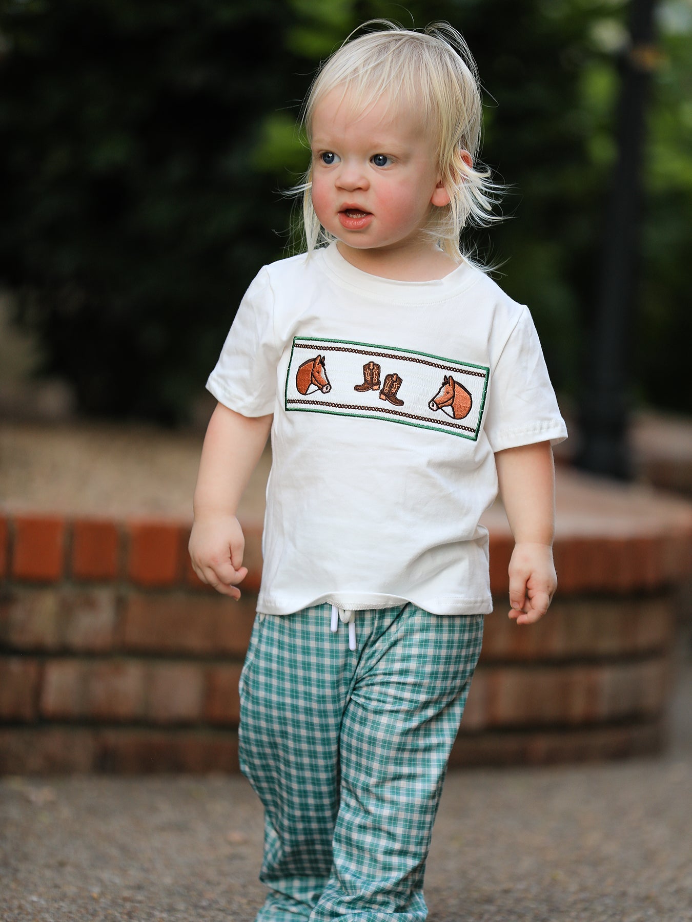 Western Plaid Horse Embroidery Boy Pants Set