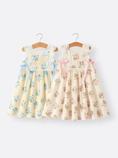 Lace-trimmed Bow Girls' Dress-Pink/Blue